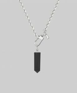 End Of Line SCARLET. Black Agate Pendant & Fob Clasp Necklace - Silver Necklaces & Chains